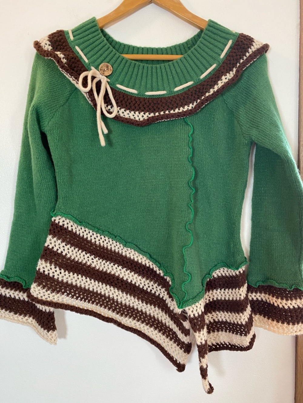 Green Knit Sweater with Brown and Cream Stripes - Picture 5 of 6